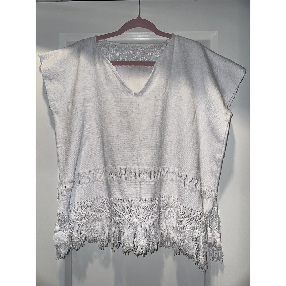 Handmade‎ By Loom, Mexican Women's Huipil, Crocheted/Tassel Detail, White Size L